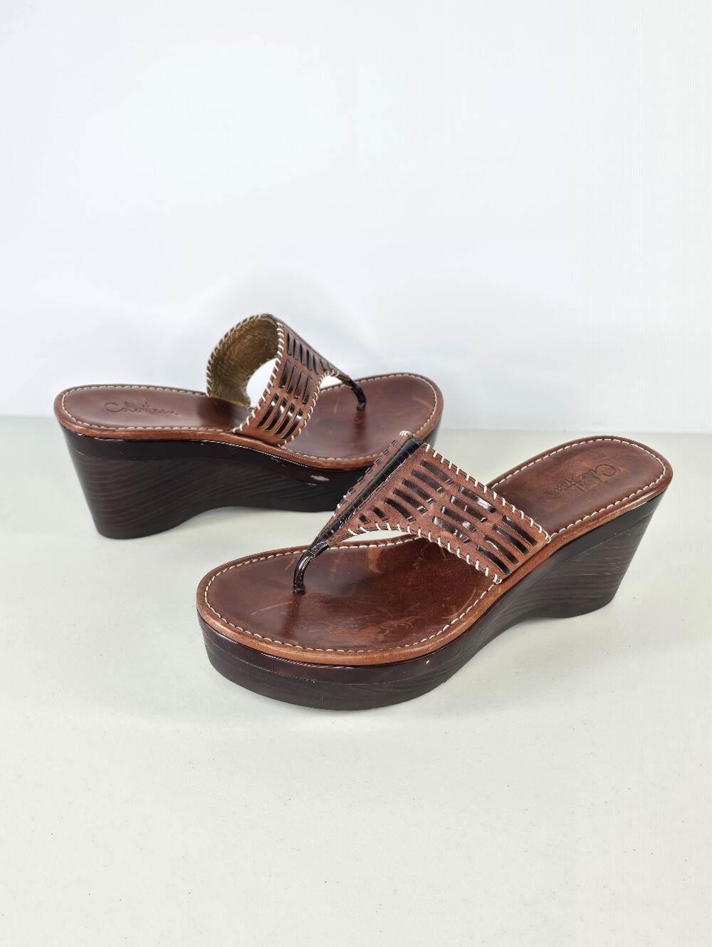 Cole Haan Air Bria Nike Air Brown Leather Thong Platform Wedge Sandals Size 7.5